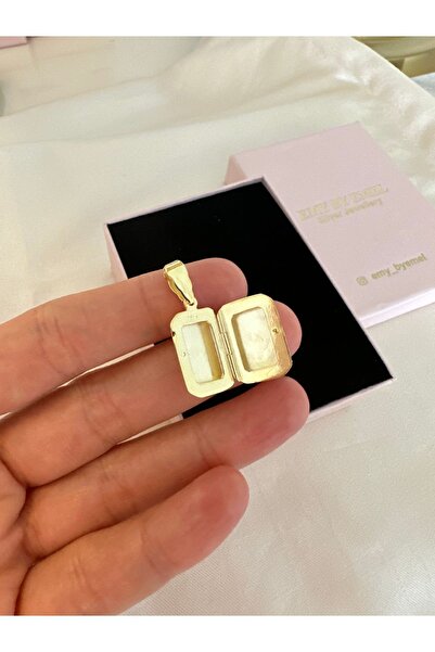 emy by emel luxury silver jewelry Altın Kaplama Dikdörtgen Kapaklı Madalyon Kolye Ucu 925 Ayar Gümüş