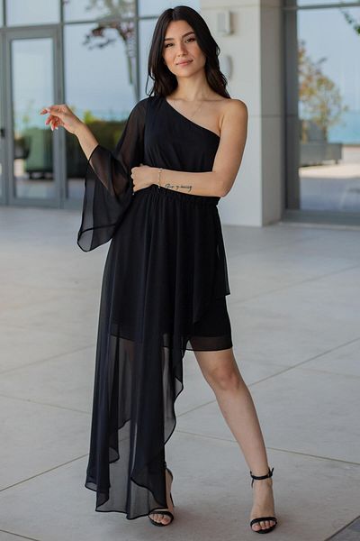 SpringStore Rochie de seară scurtă neagră cu o mânecă