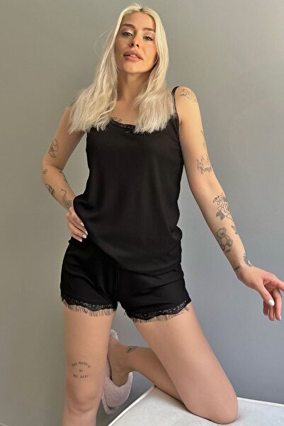 Pijamaevi Μαύρο Σετ Πιτζάμα με Δαντέλα Δαντέλα Μαύρο με Σορτσάκι από σχοινί