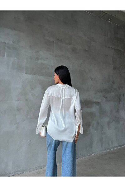 owwon Γυναικείο λευκό πουκάμισο με ελαφριά ντραπέ Basic Satin Surface