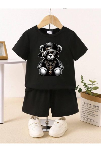 NoVibe Kids Teddy Bear Printed Top and Bottom Set , %100 Cotton T-Shirt and S...