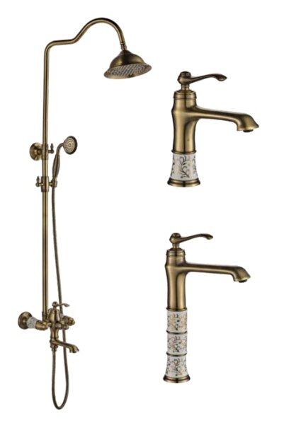 Victoria Porselen Desenli Kare Başlıklı Antik Lavabo + Eviye Mutfak + Duş Seti