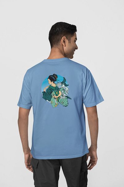 Harmandar Λευκό Geisha Koi Printed Unisex Oversize T-shirt - 100% βαμβάκι