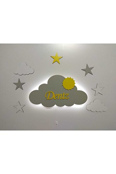 fabrikahşap Çocuk Odası Dekoratif Ahşap Isimli Işıklı Bulut Gece Lambası Ledl...