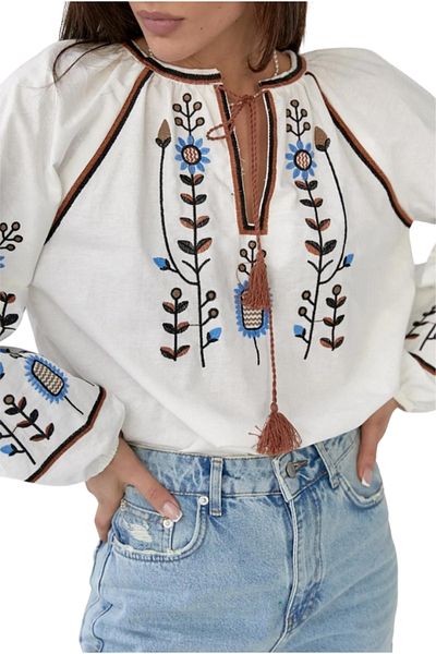 Cassime Vintage Γυναικεία Βαμβακερή Μπλούζα με Μπλε Floral Μοτίβο - Λευκή