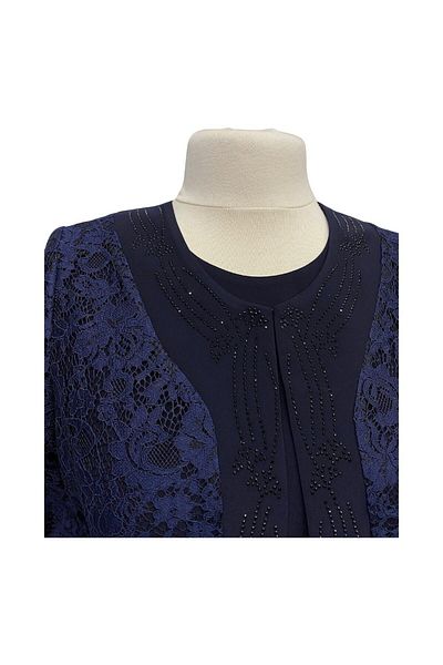 HESNA Navy Blue Bunched Evening Dress Set with Jacket