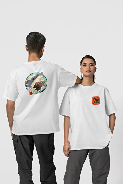 Harmandar تي شيرت أبيض كبير الحجم للجنسين - 100% قطن، مطبوع عليه سمكة قرش