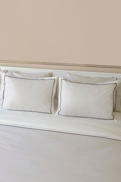 RİTMOHOME Off White Beige Striped Black Piping Cotton Plain Hotel Series Double Duvet Cover Set