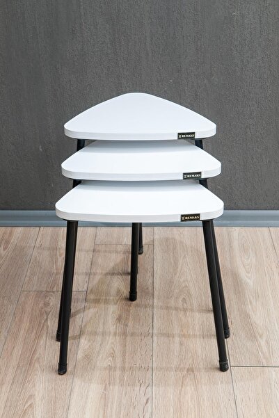 Remaks Üçgen Metal Ayaklı 3'lü Zigon Sehpa Çay Sehpası Servis Sehpası - Beyaz / Beyaz