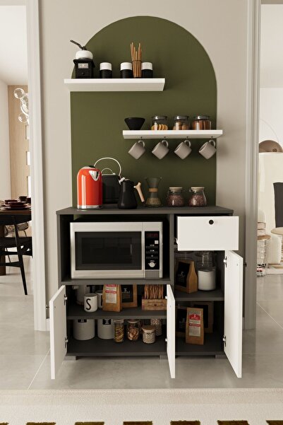 Remaks Kahve Köşesi 90 Cm Çok Amaçlı Dolap Mikrodalga Set altı Mutfak Dolabı Alt Dolap Antrasit-Beyaz