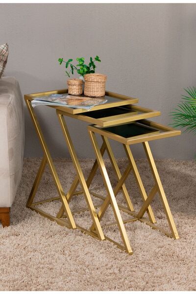 tino furniture Despina 3'lü Füme Aynalı Zigon Servis Sehpa