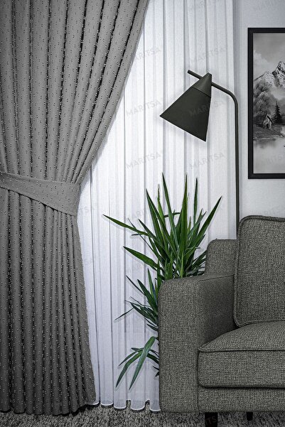 MARİTSA Seria de lenjerie gri granit - model cu pompon, pliat dens, cortina c...