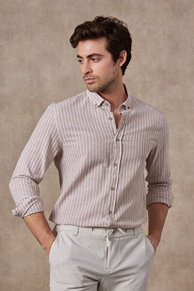 RAVANELLI Men's Shirt Striped Cotton Linen Modern Slim Fit Shirt