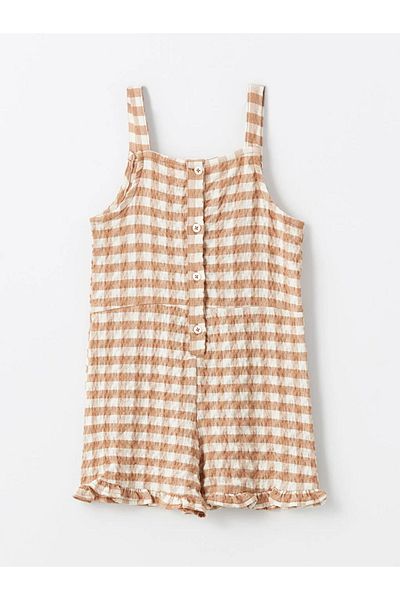 LC Waikiki LCW baby Square Collar Strap Plaid Patterned Baby Girl Salopet