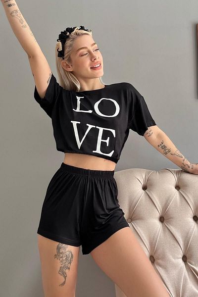Pijamaevi Love Printed Crop Knitted Short Sleeve Pajama Set with Shorts