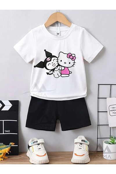 AMMA White and Black Kuromi Melody Patterned T-Shirt and Shorts 100% Cotton 2-Piece Set for Kids
