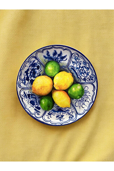 unique florya Limonlu Blue blanc Meyveli Duvar Tabağı Dekoratif Bahçe Balkon Mutfak Salon Duvar Süsü No:134