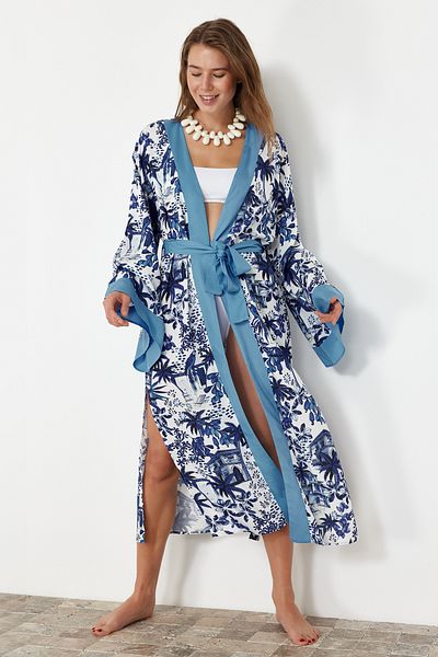 Trendyol Collection Tropical Patterned Belted Maxi Woven Kimono&Kaftan TBESS24KM00024
