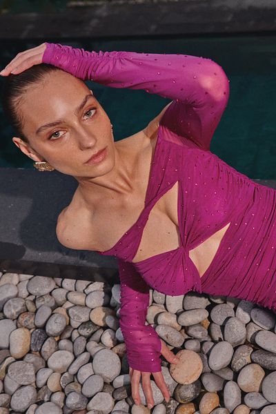 Trendyol Collection Fuchsia Stone Printed Shiny Gloves Detailed Zeynep Tosun Evening Dress - TCLSS24EL00012