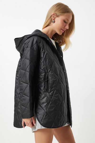 Happiness İstanbul Schwarzer, gesteppter Oversize-Mantel mit Kapuze für Damen FN02905