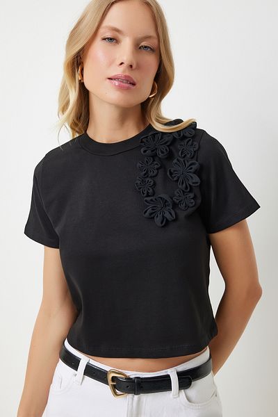 Happiness İstanbul Black Floral Women's Knitted T-Shirt - NJ00153