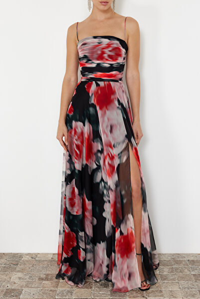 Trendyol Collection Dlouhé večerní šaty s barevným květinovým vzorem fuchsie - TPRSS24AE00241