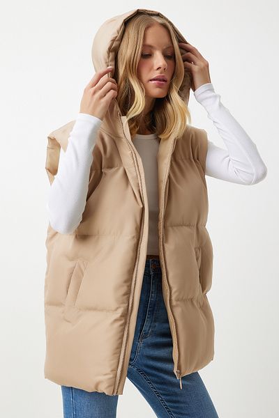 Happiness İstanbul Cremefarbene, übergroße Pufferweste mit Kapuze für Damen MK00176