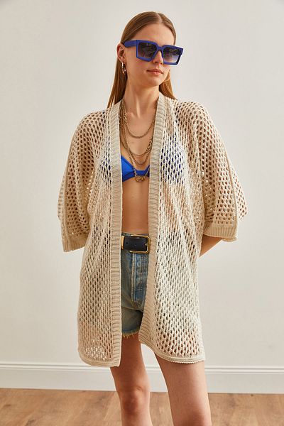 Olalook Steinfarbener Damen Cardigan mit Seitenschlitzen - HRK-19000289