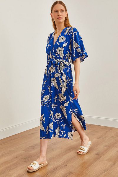 Olalook Rochie albastră Saks cu model de flori la guler dublu, cu curea - ELB-19002176