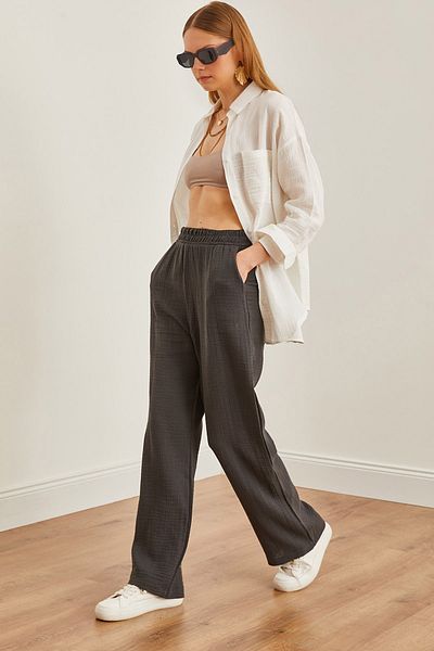 Olalook Anthrazitfarbene Musselin-Damenhose – Gummibund, Taschen PNT-19000279