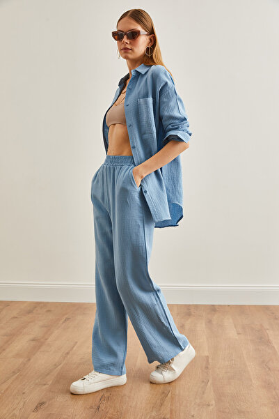 Olalook Kadın Bebe Mavi Beli Lastikli Cepli Müslin Pantolon PNT-19000279