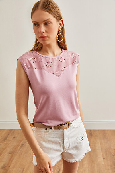 Olalook Πλεκτή μπλούζα από αποξηραμένο τριαντάφυλλο βισκόζης - Λεπτομέρεια χτένι, BLZ-19002657