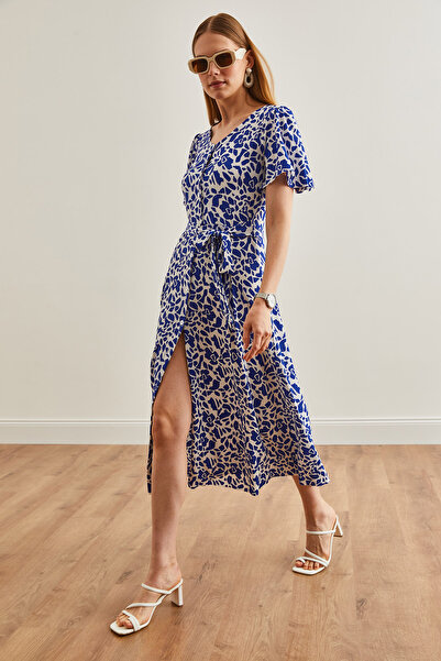 Olalook Saks kék mintás V-nyakú öves kötött női ruha - ELB-19002048