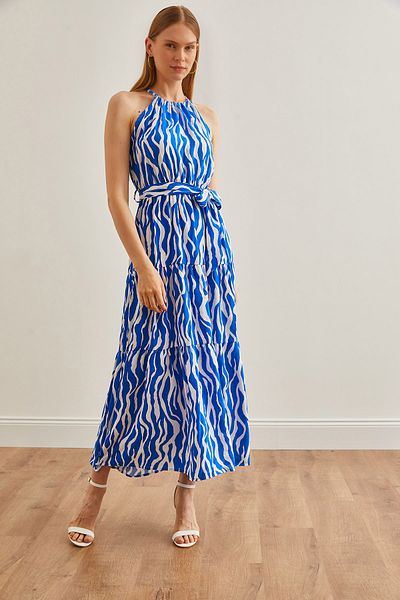 Olalook Zebra mintás Saks Blue Viscon Halter nyakú ruha - öves, ELB-19001548