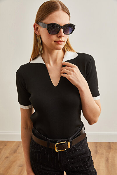 Olalook Pletená halenka s polo výstřihem – černý kontrastní detail BLZ-19002653