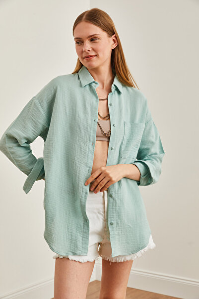 Olalook Kadın Çağla Yeşili Oversize Basic Müslin Gömlek GML-19001217