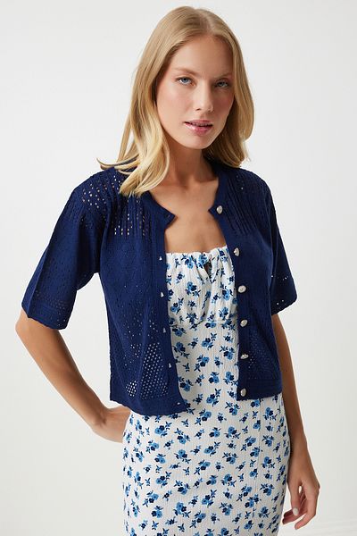 Happiness İstanbul Marineblauer durchbrochener Damen-Strick-Saison-Cardigan - OW00045