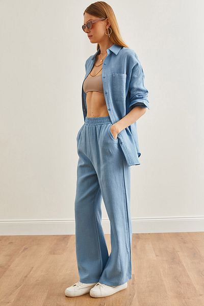 Olalook Babyblaue Musselinhose - Elastischer Bund, Tasche, PNT-19000279