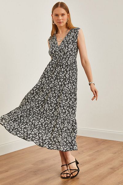 Olalook Μαύρο μάξι πλεκτό φόρεμα με σχέδιο Daisy - Διπλός γιακάς, ELB-19002125