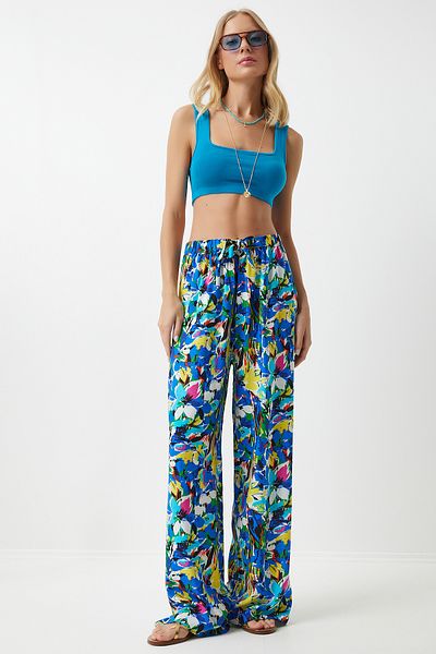 Happiness İstanbul Gelb-blau gemusterte Palazzo-Hose aus Viskose für Damen - EN00606