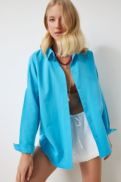 Happiness İstanbul Cămașă de damă oversize albastră - Lungă Basic Model MX00167