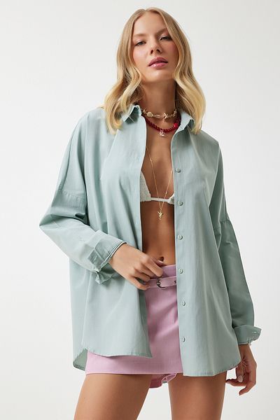 Happiness İstanbul Grünes Oversize-Shirt für Damen - Langes Basic-Modell MX00167