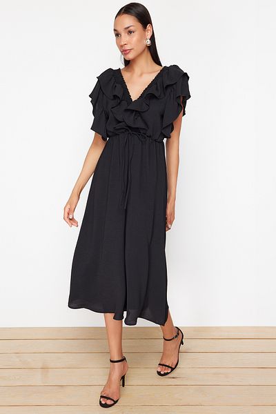 Trendyol Collection Černé viskózové šaty s detailem setrvačníku - A-line - TWOSS24EL01053
