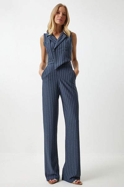 Happiness İstanbul Grauer Damen-Overall aus Lycra mit Nadelstreifen und zweireihigem Kragen - TO00142