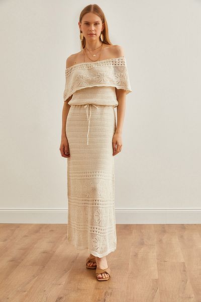 Olalook Ecru Carmen Collar Openwork Waist Gathered Knitwear Women's Dress - ELB-19002180