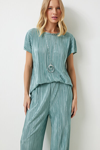 Happiness İstanbul Vízzöld kényelmes rakott blúz és nadrág szett - MC00283