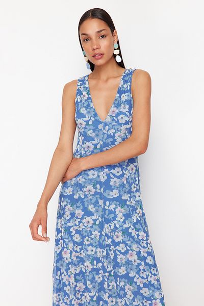 Trendyol Collection Rochie tricotată cu decolteu în V cu imprimeu floral albastru TWOSS24EL00384