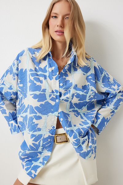 Happiness İstanbul Cămașă oversize din viscoză cu model albastru - Ayrobin OH00056