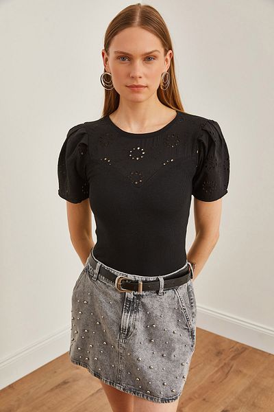 Olalook Black Stretchy Cotton Short Sleeve Blouse - BLZ-19002656