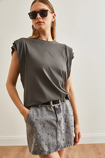 Olalook Dámské bavlněné tričko kouřové barvy – podrobný rukáv TSH-19000819